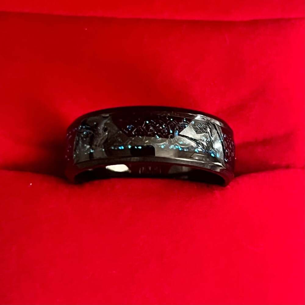 Tungsten Black Galaxy Opal Meteorite Inlay 8mm Ring Size 11